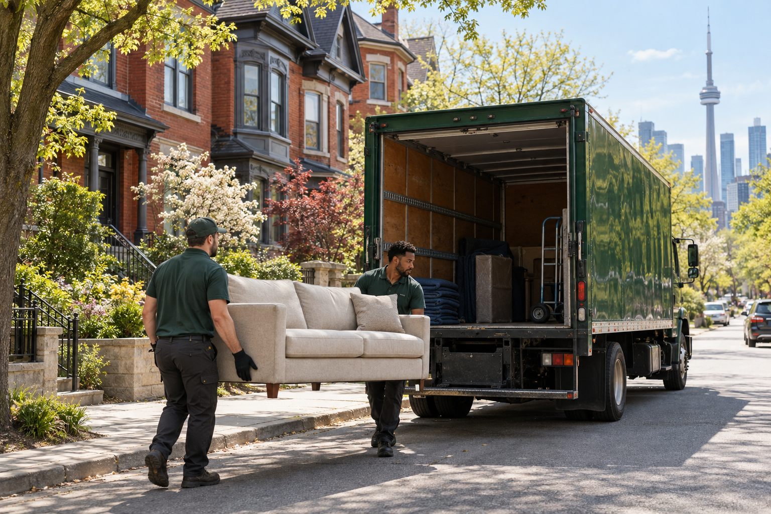 Illustration of a junk removal crew carrying a sofa to a green truck on a Toronto street